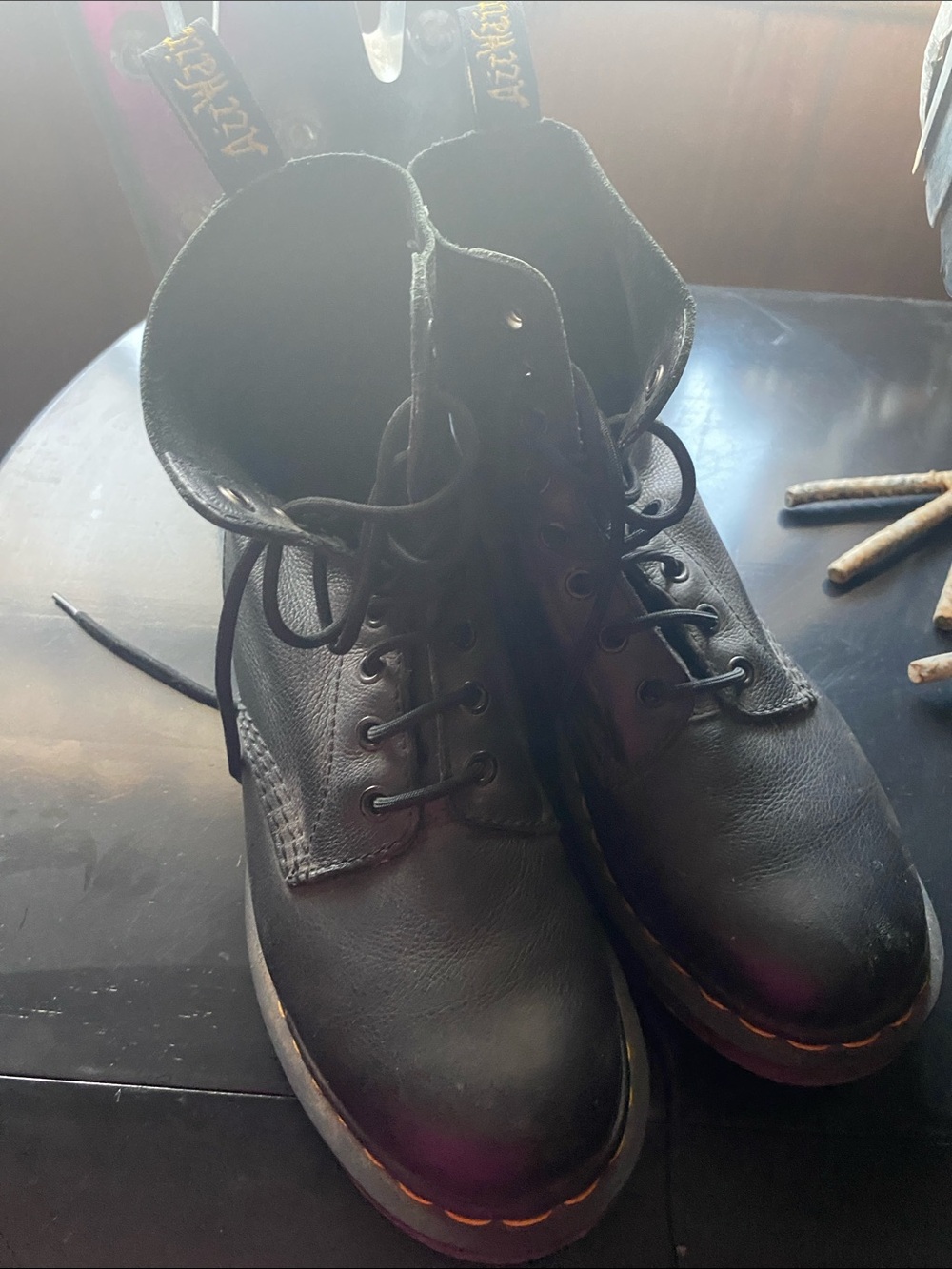 Dr. Martens Black Leather Lace-Up Ankle Boots with Yellow Stitching